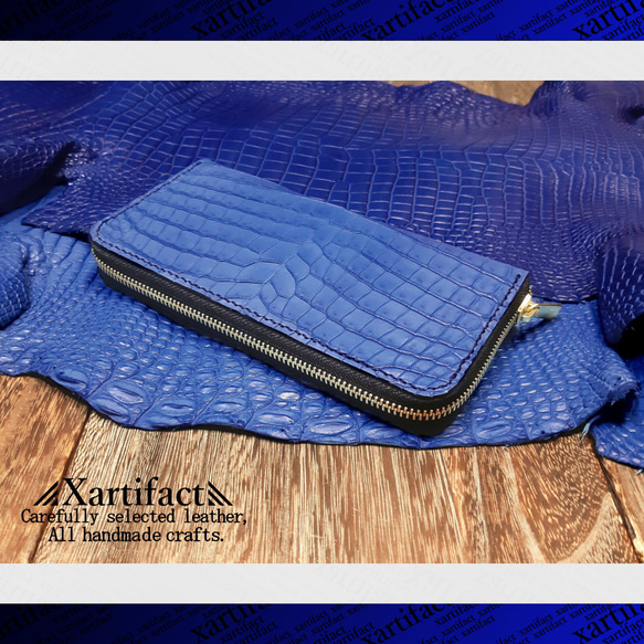 限定素材】本藍染めスモールクロコダイル(青藍：花浅葱)ラウンド