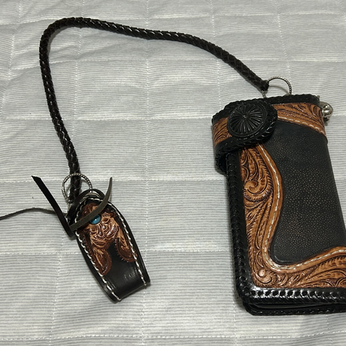 バイカーズウォレットレザーキーリングハンドメイド本革ターコイズチェーン