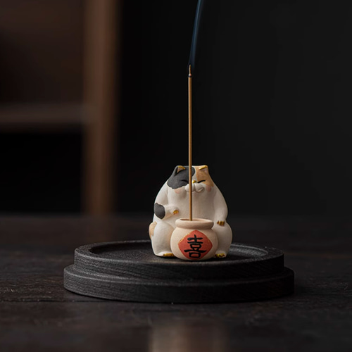 縁起物 福を招く猫のお香立て5兄弟 香皿 仏壇用皿 猫香炉 線香皿 香立