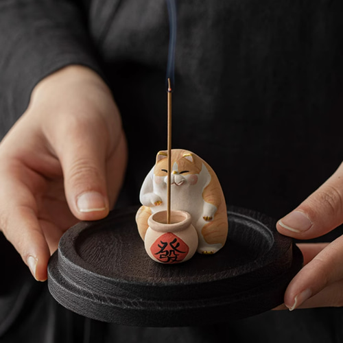 縁起物 福を招く猫のお香立て5兄弟 香皿 仏壇用皿 猫香炉 線香皿 香立