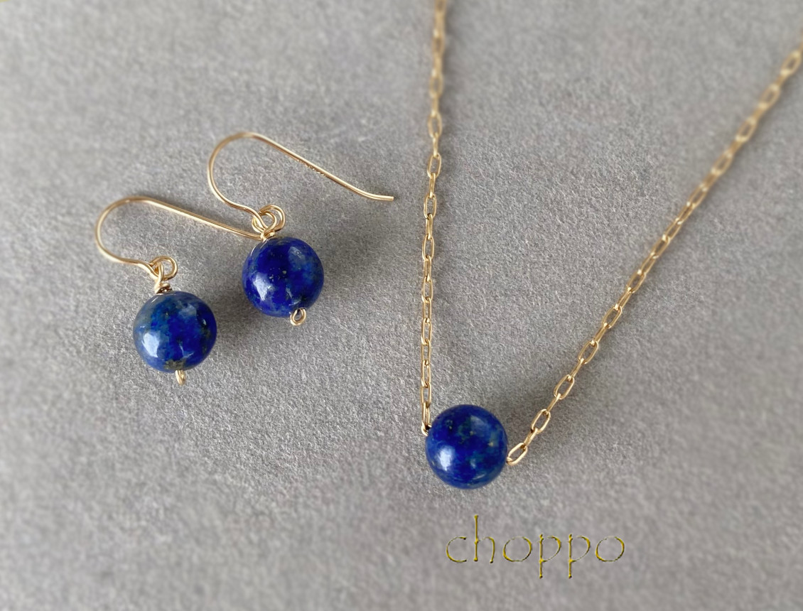 ラピスラズリの1粒ネックレス＆ピアス/イヤリングの2点セット　14㎏f　誕生石　夜空　瑠璃色　福袋　天然石　宇宙