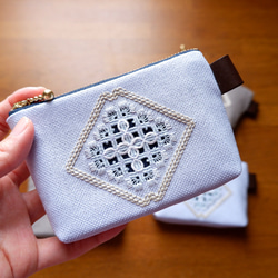 カタン糸二重　本刺繍　刺繍フリンジ付きパーティーバッグ　ヴィンテージ ハーダンガー刺繍のいろんな透かし模様🪡 左側の縦ふたつに並ん