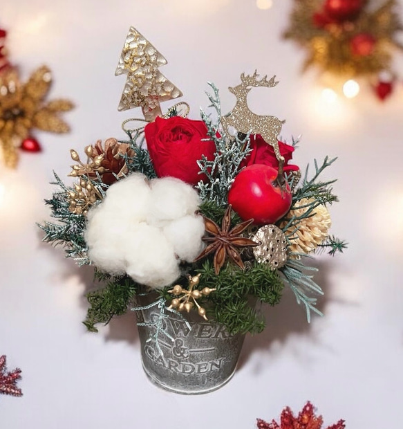 ブリキ缶のアレンジ 赤バラクリスマス クリスマスアレンジ クリスマス