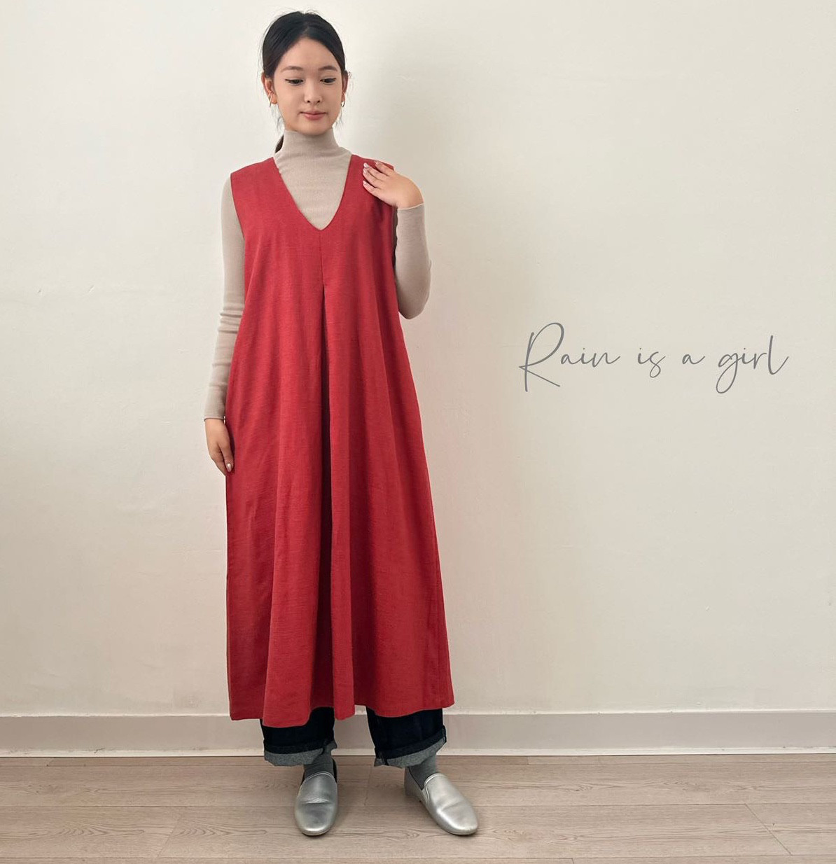 【秋新作‼Ｖネックのサロペット★コットンリネン】レッド★重ね着★ロング丈★大人カジュアル★Q-75