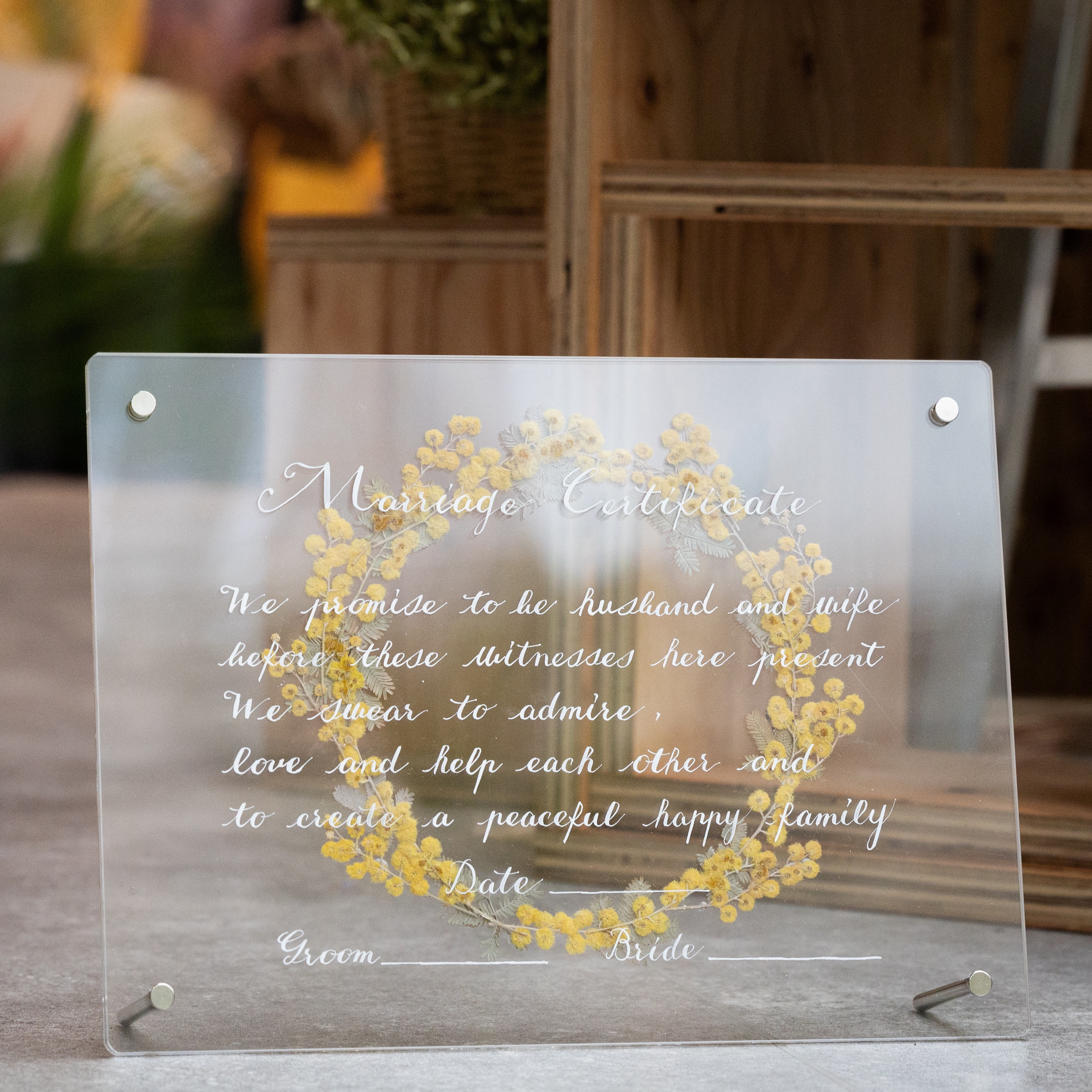 【新作】手書き ミモザ 結婚証明書 アクリル 押し花 ホワイト (No031)