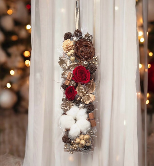 壁掛け 赤バラ 木の実のアレンジ 赤いバラ壁飾り 赤いバラアレンジ