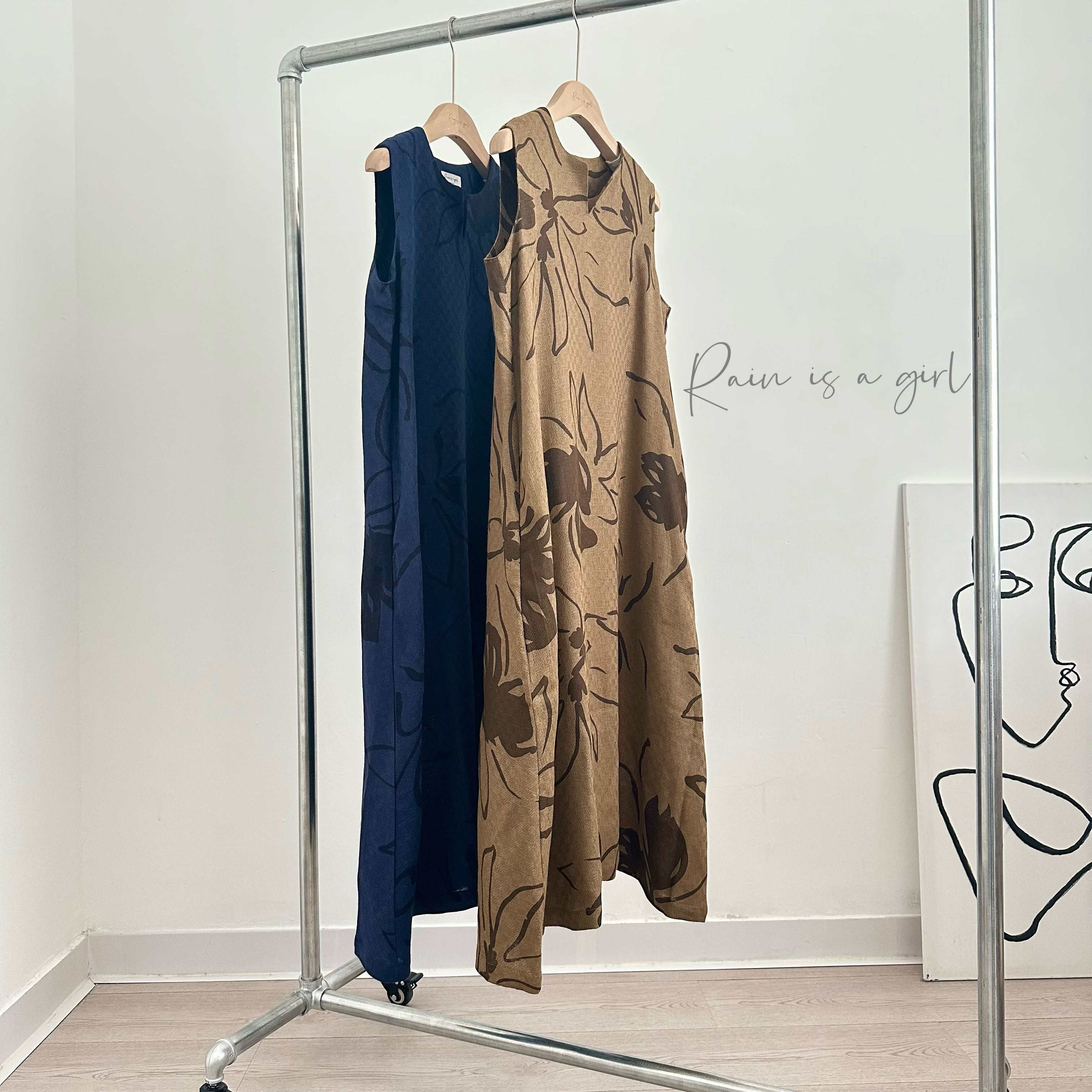 【秋の花♡スリットネックのサロペット♡リネン100%】茶色★ノースリーブ★重ね着★花柄ワンピース★カジュアル★Q-76 6,958円