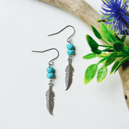 再販】ターコイズ フェザー 羽 シルバー ピアス /イヤリング/ニッケル