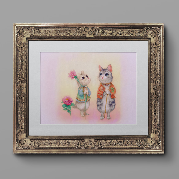 愛を届ける瞬間」A4 ポスター イラスト 色鉛筆 パステル 猫