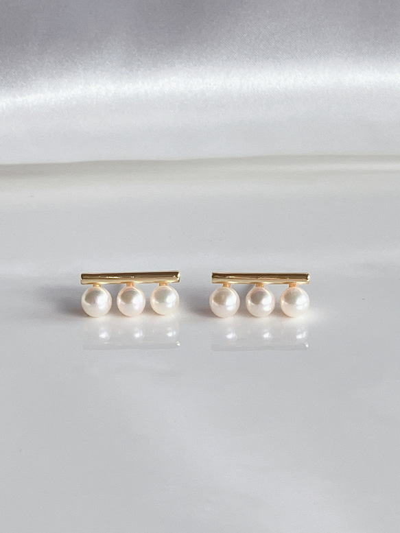 あこや真珠 3連パールピアス バーライン シンプルラインピアス