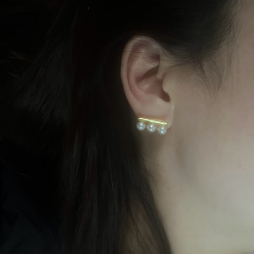 あこや真珠 3連パールピアス バーライン シンプルラインピアス