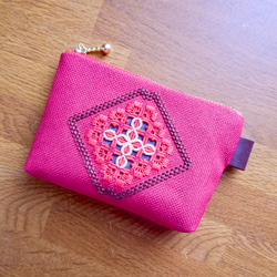 ハーダンガー刺繍×こぎん刺し】ミニミニ刺繍ポーチ＊赤 小銭入れ