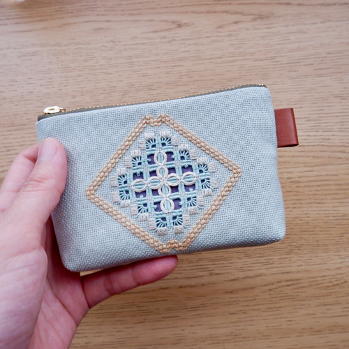 ハーダンガー刺繍×こぎん刺し】ミニミニ刺繍ポーチ＊灰 小銭入れ
