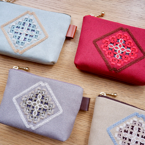 ハーダンガー刺繍×こぎん刺し】ミニミニ刺繍ポーチ＊灰 小銭入れ