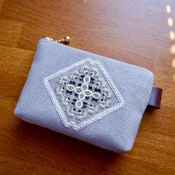 ハーダンガー刺繍×こぎん刺し】ミニミニ刺繍ポーチ＊灰 小銭入れ