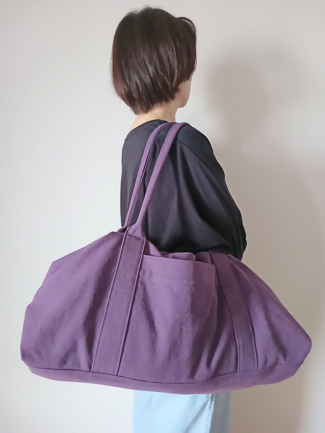 ☆ヴィンテージ加工帆布☆のキャラメルボストンバッグ　【パープルＬL】