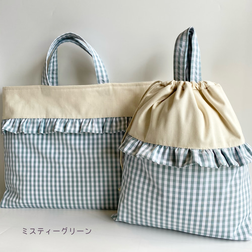 オーダー♡生地♡確認用♡布フリル＋レースフリル♡ハンドメイド♡セット♡体操着入れ 入園入学グッズ フリル 3点セット ブルー【 レース・刺繍