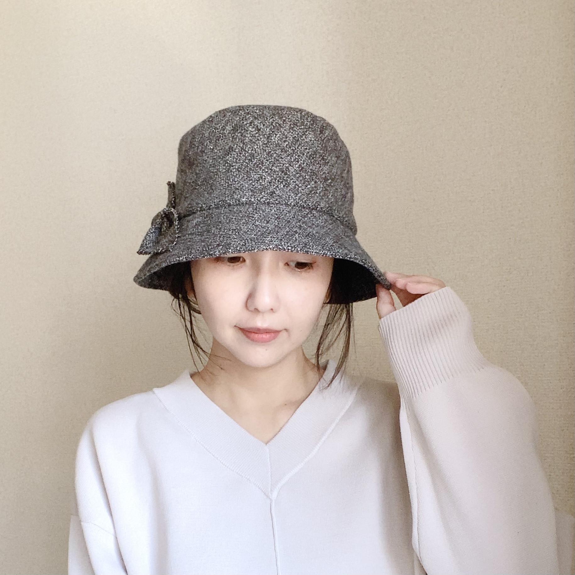 サイドリボンのバケットハット【SS/S/M/L/LLサイズ受注制作】秋冬コットンツイード／日本製