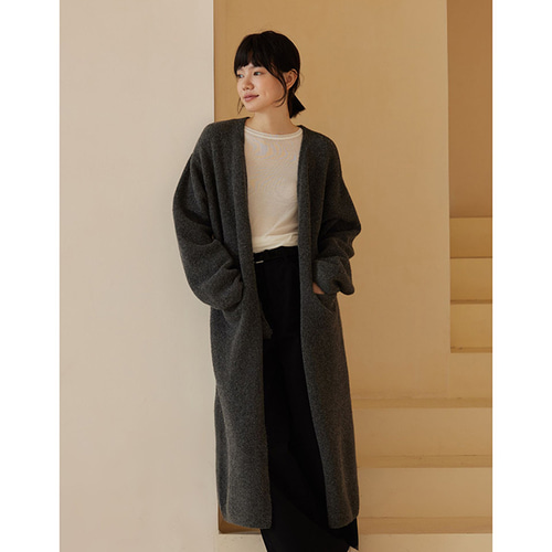 ウール混紡ニットロングコート ウールニットロングカーディガン グレー