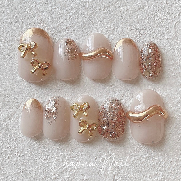 ネイルチップ リボン ミラーフレンチ ニュアンス シンプル ぷっくり  