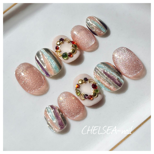 ネイルチップ ２セット♡ ステンドグラスマグネットネイル(ゴールド) ネイルチップ（つけ