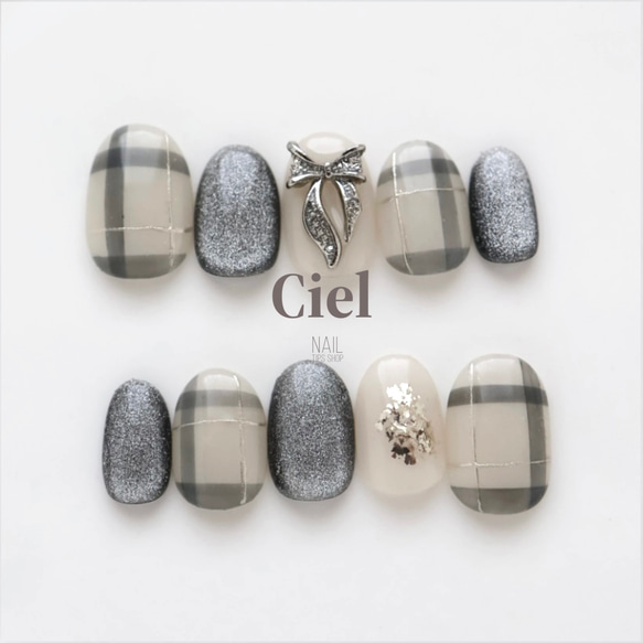 size order】ネイルチップ チェックネイル マグネットネイル リボン