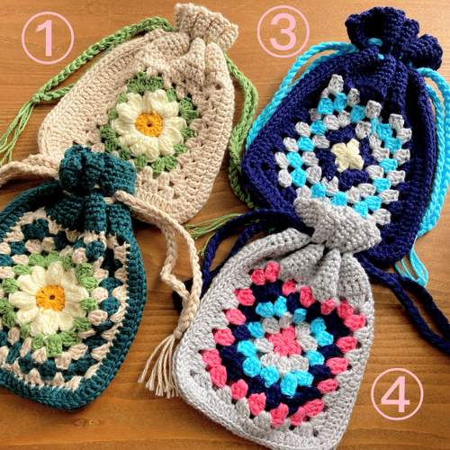 グラニースクエア花モチーフの巾着袋【まりりん♥️ ✿゜❀.(*´▽`*)】 crochet flower motif poach tutorial !!with English subtitles