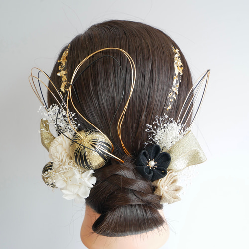 A430 黒ゴールド 水引アレンジ ドライフラワー 髪飾り 成人式 卒業式