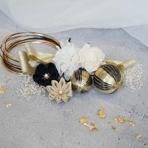 G20 黒ゴールド 水引アレンジ ドライフラワー 髪飾り 成人式