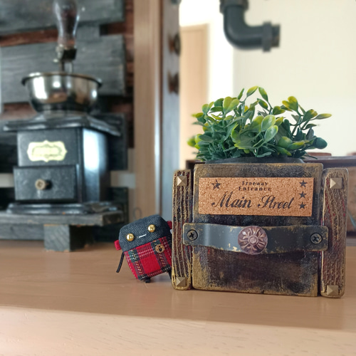 ロボchi13号デニム×赤チェック マスコット┃ ロボット ぬいぐるみ