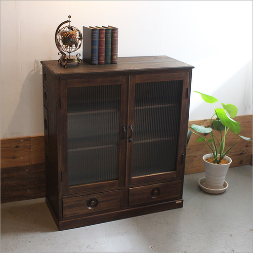 ケヤキ材 ガラスキャビネット リメイク品 アンティーク 本棚 和風