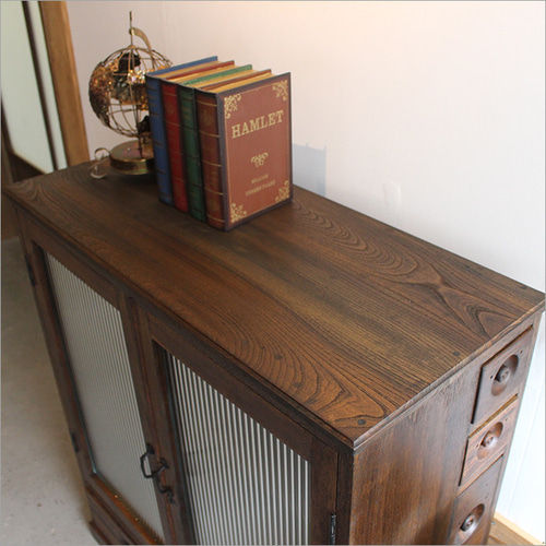 ケヤキ材 ガラスキャビネット リメイク品 アンティーク 本棚 和風