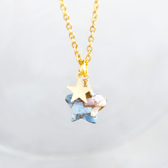 特集掲載【選べる】星に願いを☆　ブルー＆ピンクオパール　コッパー　スター　サージカルステンレス　ネックレス40㎝ 2枚目の画像