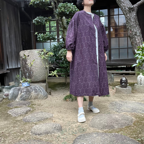 着物リメイク】ふんわり袖の羽織れるワンピース/絹紬/ピンタック