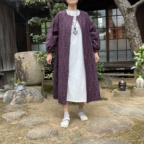 着物リメイク】ふんわり袖の羽織れるワンピース/絹紬/ピンタック