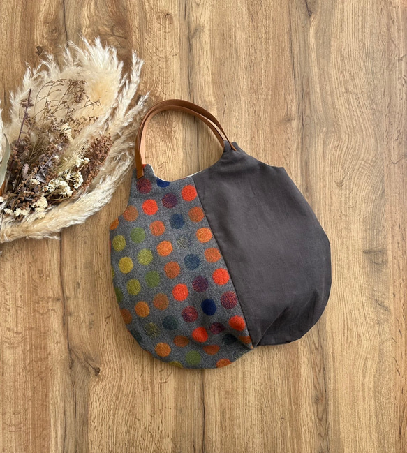 ★秋冬くったりバック★オレンジカラフルドットウール混＆グレーコーデュロイ　【受注製作】 2枚目の画像