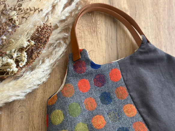 ★秋冬くったりバック★オレンジカラフルドットウール混＆グレーコーデュロイ　【受注製作】 3枚目の画像