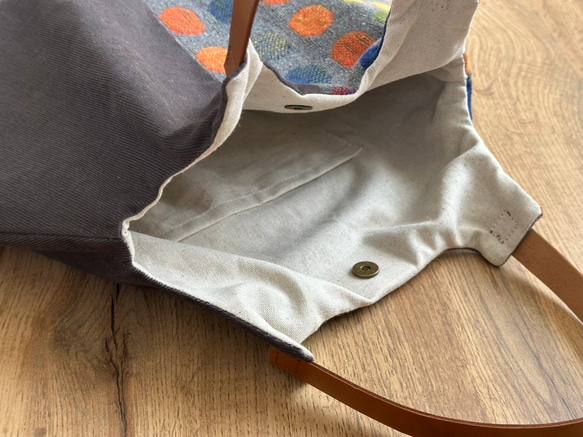 ★秋冬くったりバック★オレンジカラフルドットウール混＆グレーコーデュロイ　【受注製作】 7枚目の画像