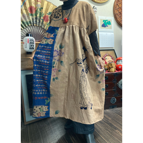 柿渋染め浴衣リメイク　ノースリーブワンピ　ハンドメイド 木綿無地と浴衣と猫柄(七夕柄)の柿渋染めワンピース 手ぬぐい