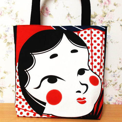 大きめトートバッグ 和柄 ひょっとこ おかめ ハンドメイド