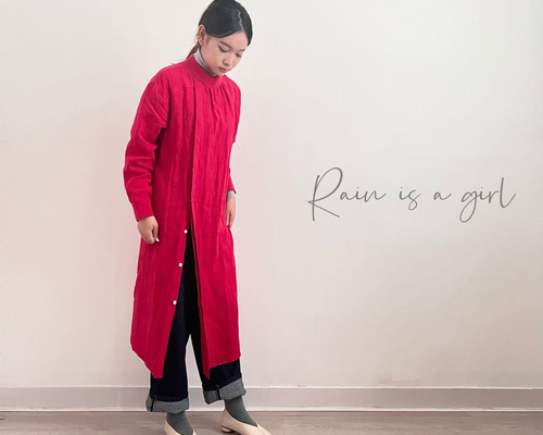 特別デザイン☆立ち襟の長袖シャツワンピース☆リネン100%】RED