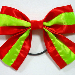 リボン ヘアゴム 赤 蛍光きみどり レッド ヘアアクセ サテン 大きめ