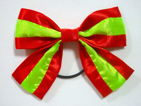 リボン ヘアゴム 赤 蛍光きみどり レッド ヘアアクセ サテン 大きめ