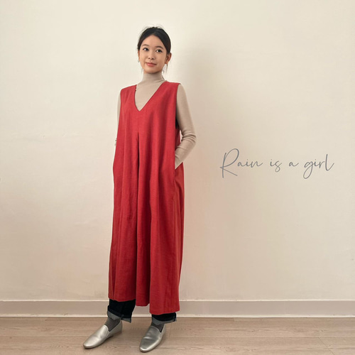 秋新作Vネックのサロペット☆コットンリネン】ブラウン☆重ね着