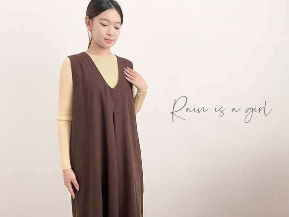 秋新作Vネックのサロペット☆コットンリネン】ブラウン☆重ね着