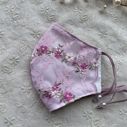 M56★くすみピンク★ケミカル★お花✿刺繍レース★ハンドメイドマスク 刺繍レースマスク〉華やかピンク×ネイビー 立体刺繍♡抗菌加工 布