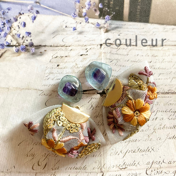 イヤリング・ピアス］フローライト×インド刺繍タッセル① イヤリング