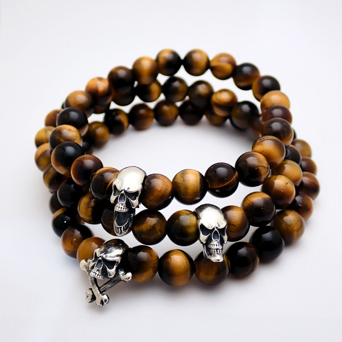 「 天然石ブレスレット w/ スカル (シルバー925) 」　タイガーアイ 中々 切れない 丈夫 頑丈 スカル ドクロ