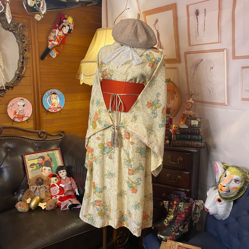和洋折衷 着物 リメイク ワンピース ドレス 帯サッシュベルト レトロ  