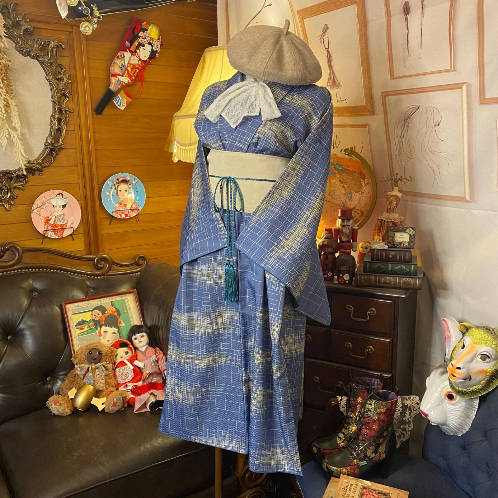 和洋折衷 着物 リメイク ワンピース ドレス 洗える 化繊 帯サッシュベルト レトロ 古着 和 KW-542